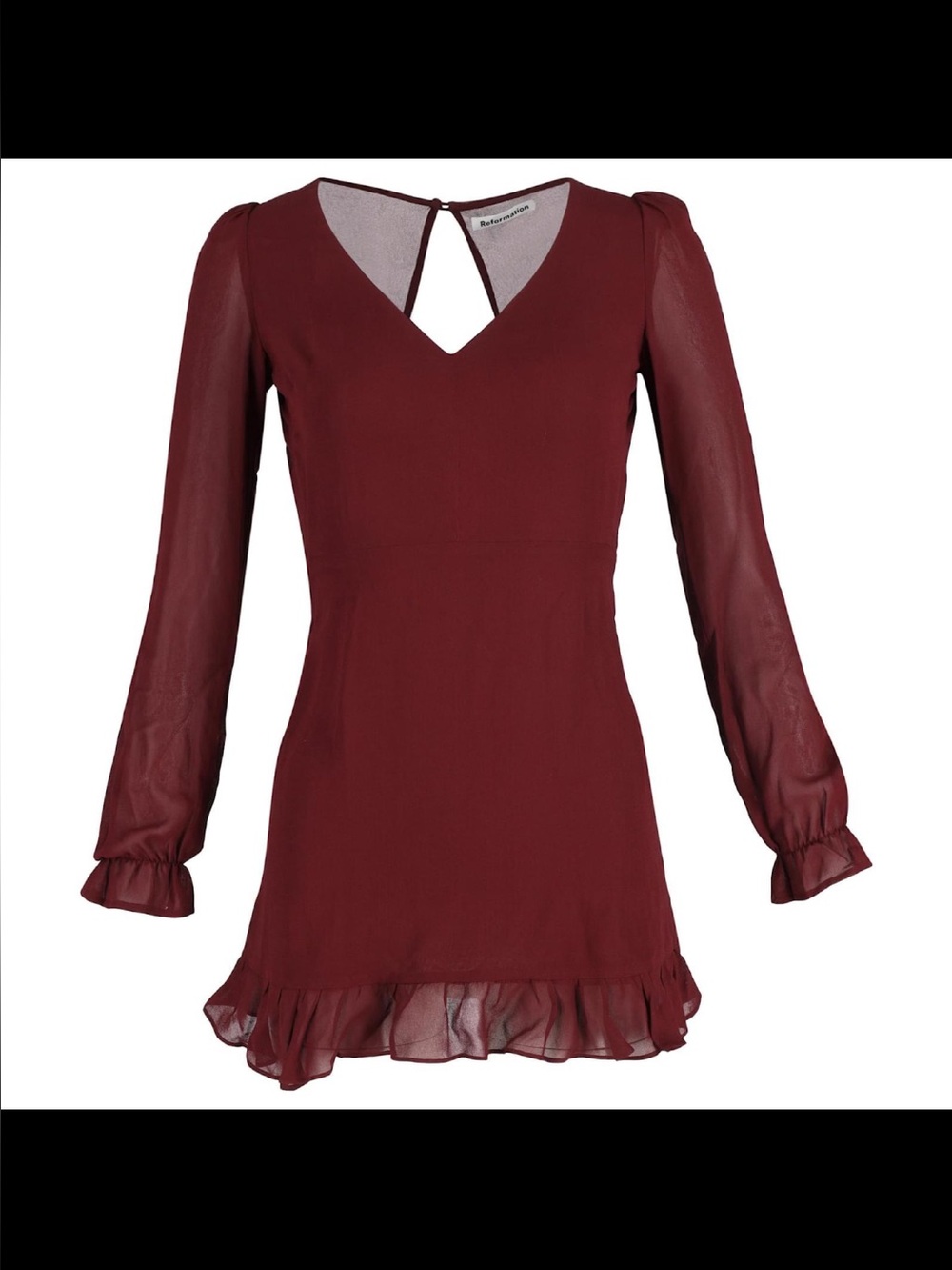 Reformation Burgundy Long Sleeve Ruffle Mini Dress